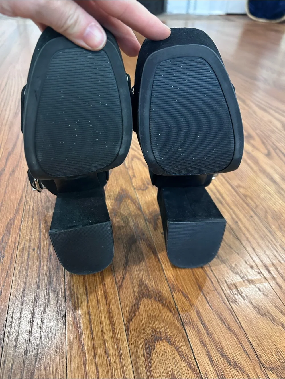 Black Suede Block Heel Sandals with Ankle Strap